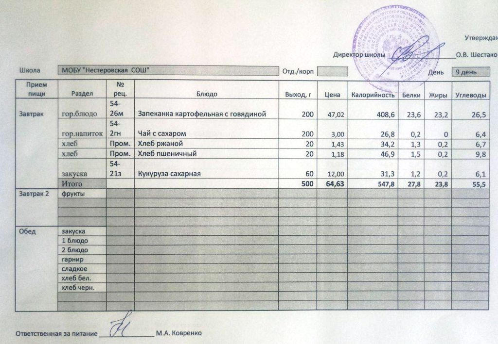 Меню завтрак 10.10.2024.