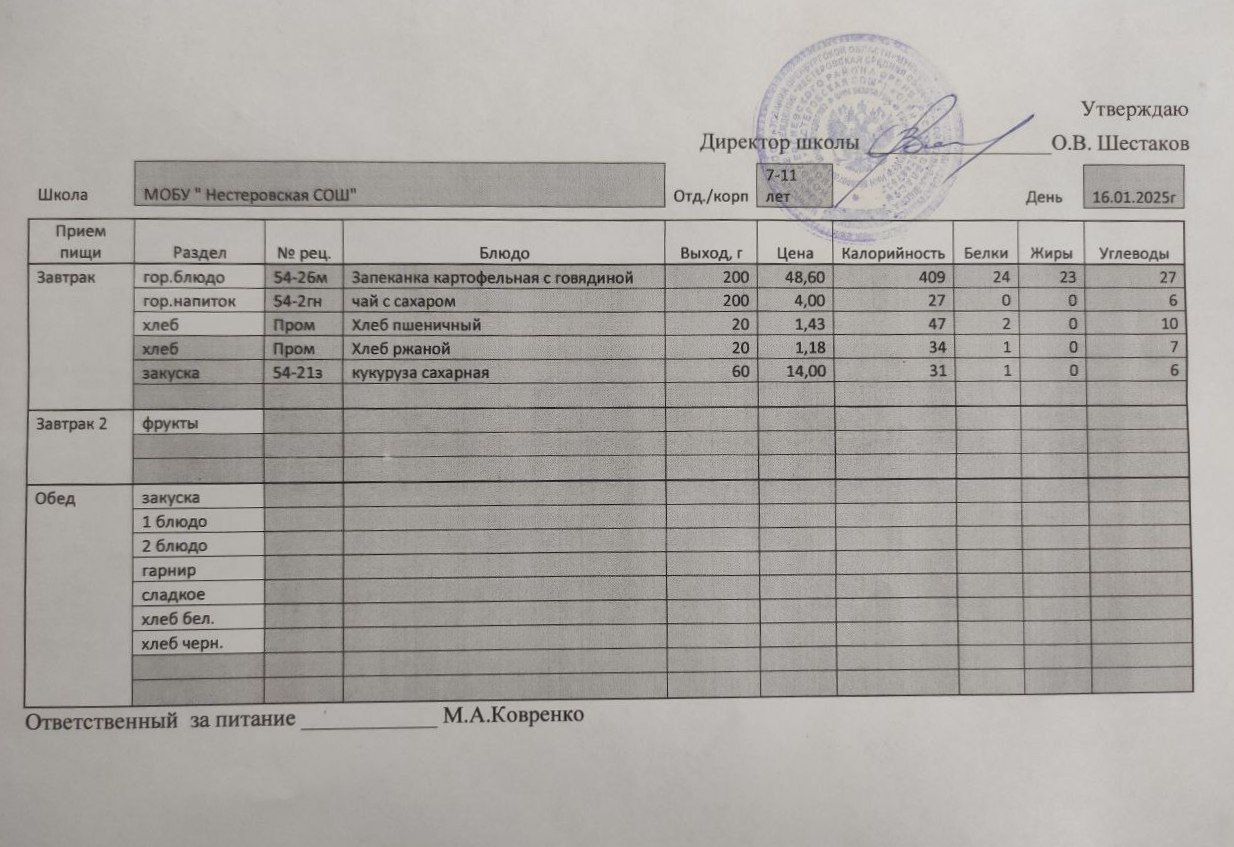 Меню завтрак 16.01.2025.